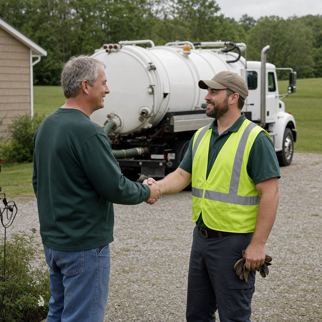 A septic technician shaking a Mesquite homeowner's hand beside the service truck after a completed pump-out