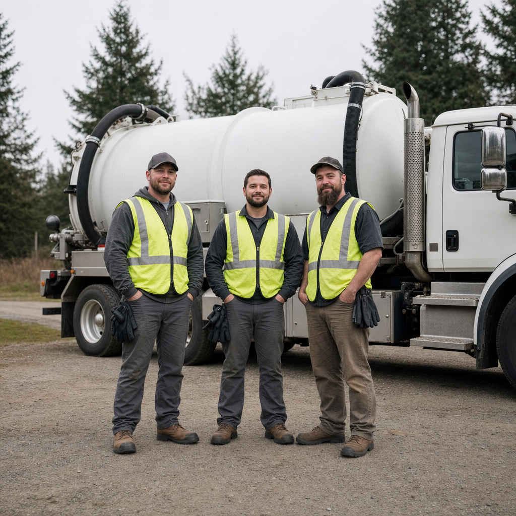 The Mesquite septic pumping crew standing together beside their clean white vacuum truck on a residential street