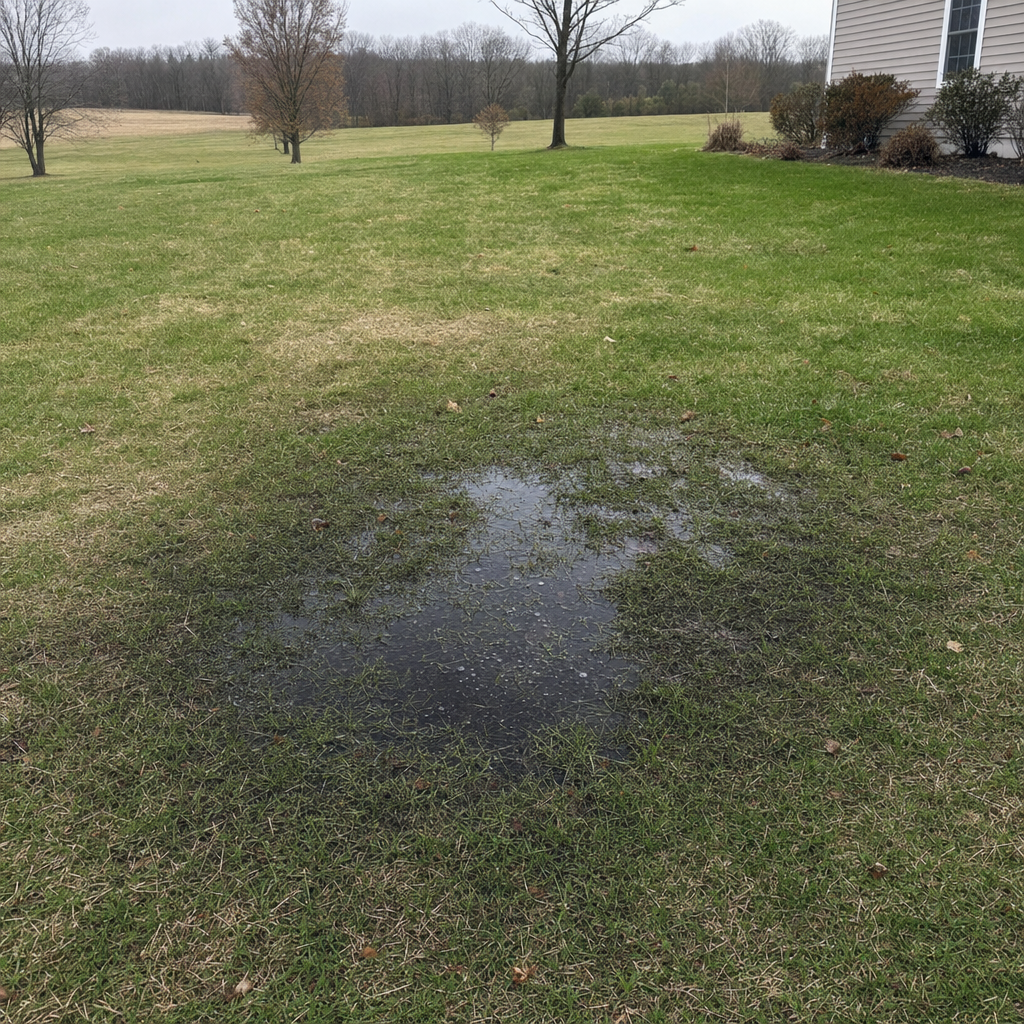 A dark, saturated wet spot in a Mesquite backyard lawn marking a failing cesspool at capacity