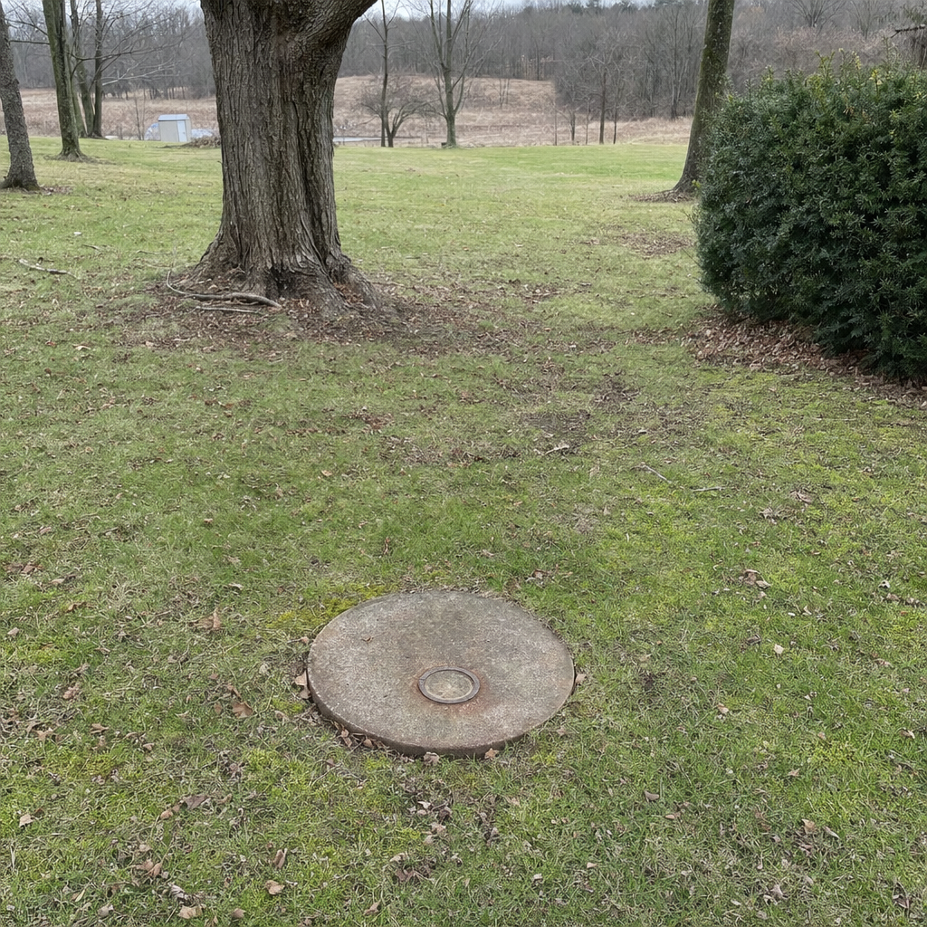 An older round cesspool access lid set flush in an established, mature Mesquite backyard lawn