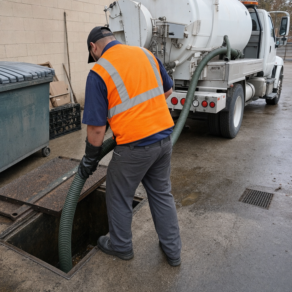 Technician pumping a grease trap behind a Mesquite restaurant