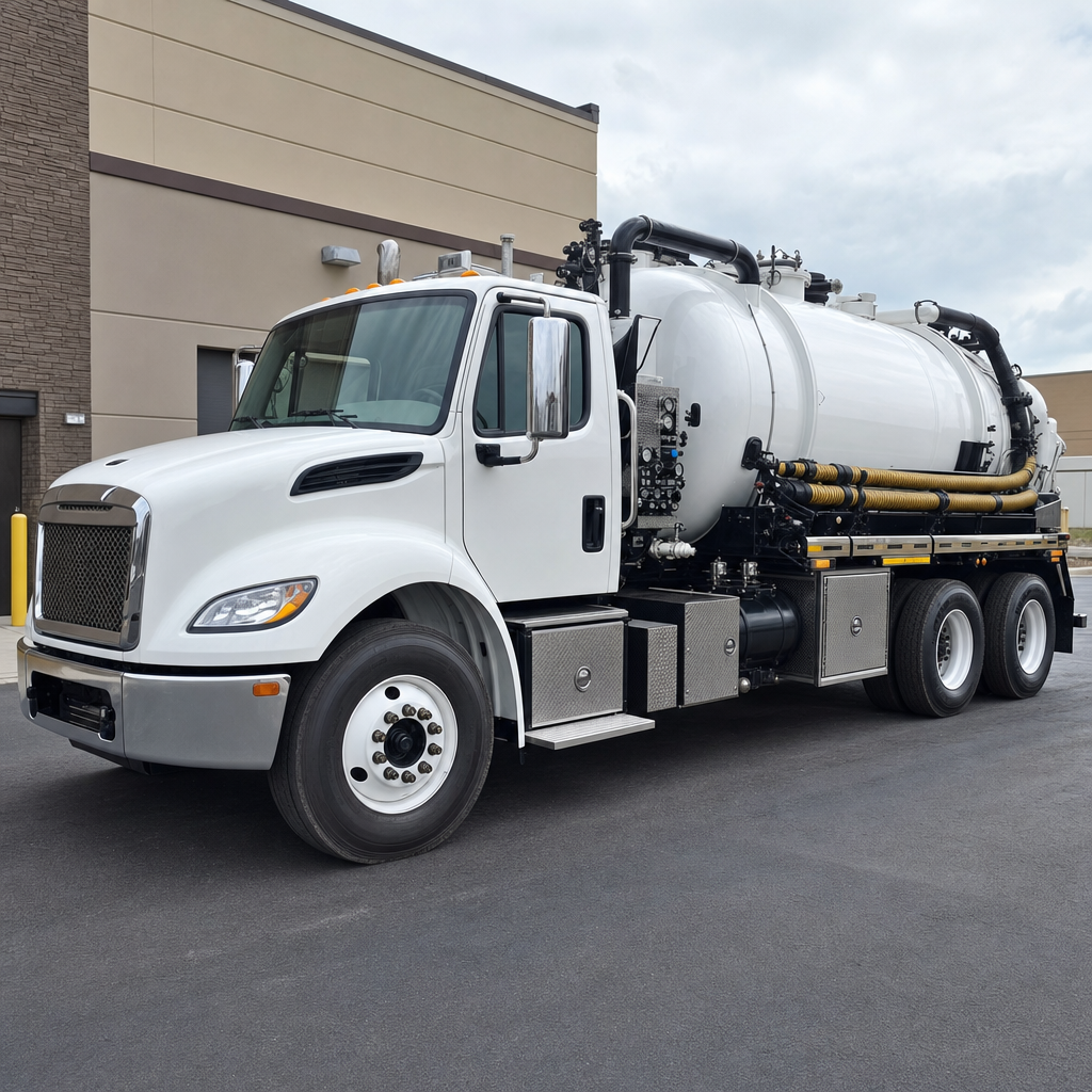 Commercial septic vacuum truck parked in a Mesquite business parking lot