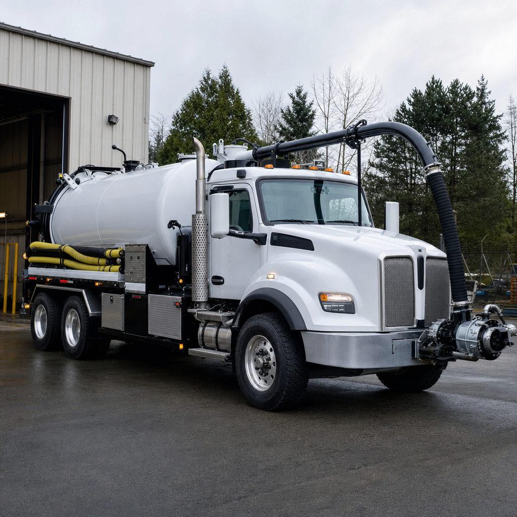 A clean white septic vacuum truck rolling out of a tidy Mesquite service depot at the start of the day