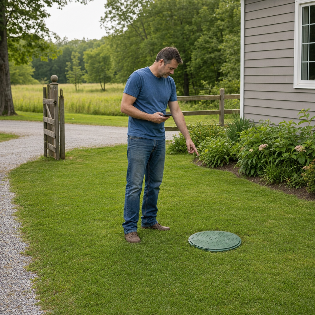 A Mesquite-area homeowner standing in the backyard noting where the septic tank lid and access route are located
