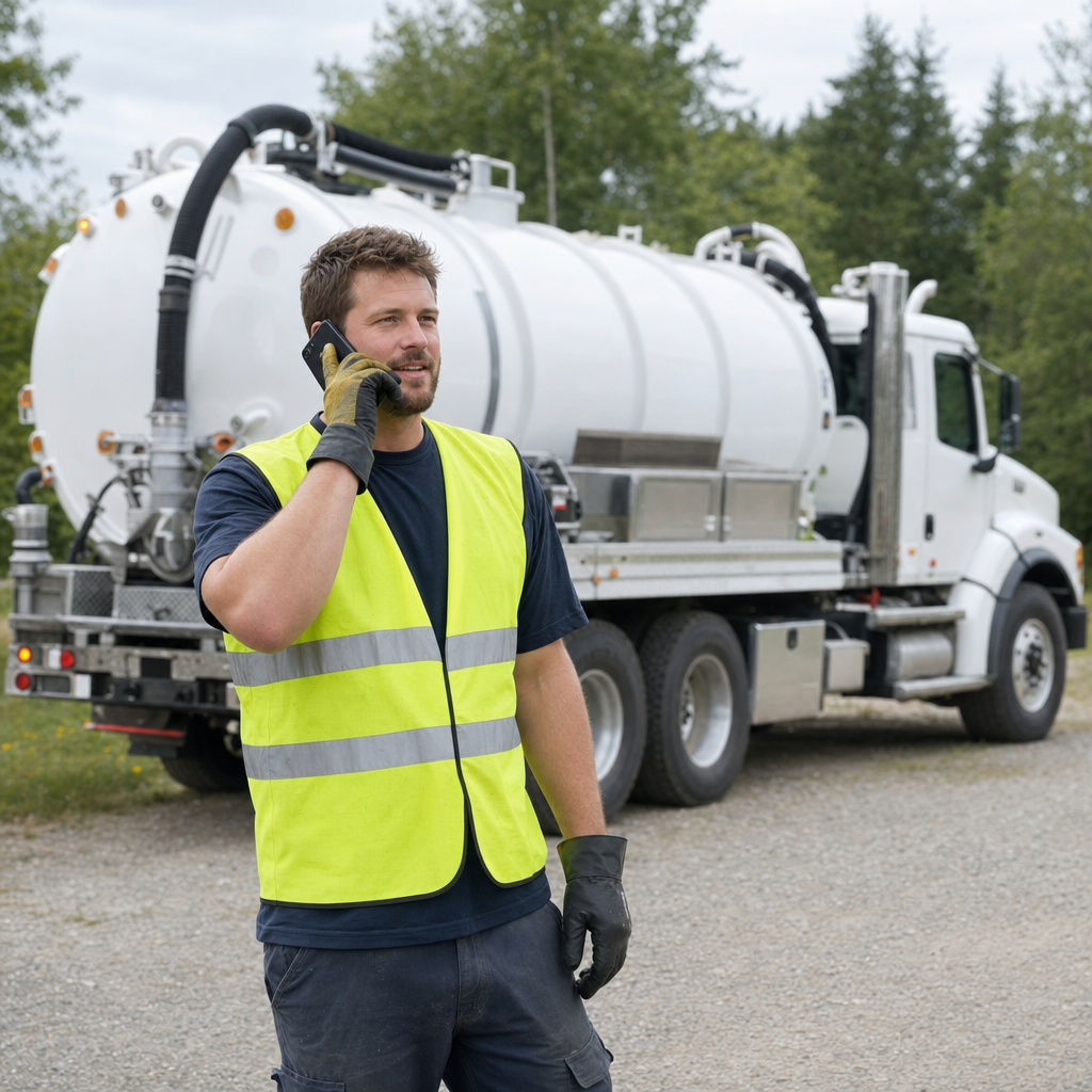 A friendly septic dispatcher holding a phone, ready to answer a Mesquite homeowner's call about a pump-out