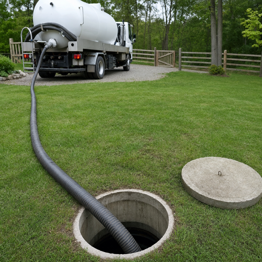 Suction hose connected to an open septic tank, drawing it down in a tidy Mesquite yard