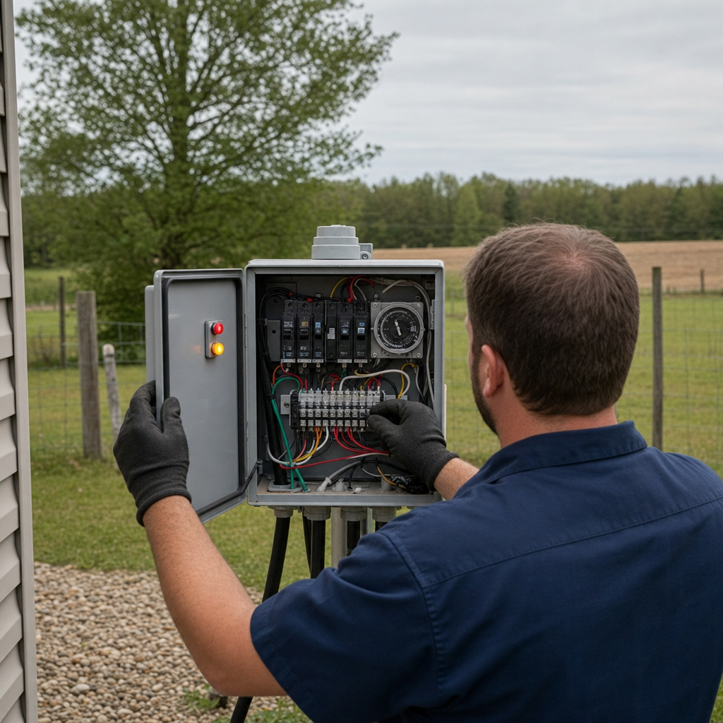 Technician checking an aerobic septic control box with a lit red high-water alarm during a same-day Mesquite visit