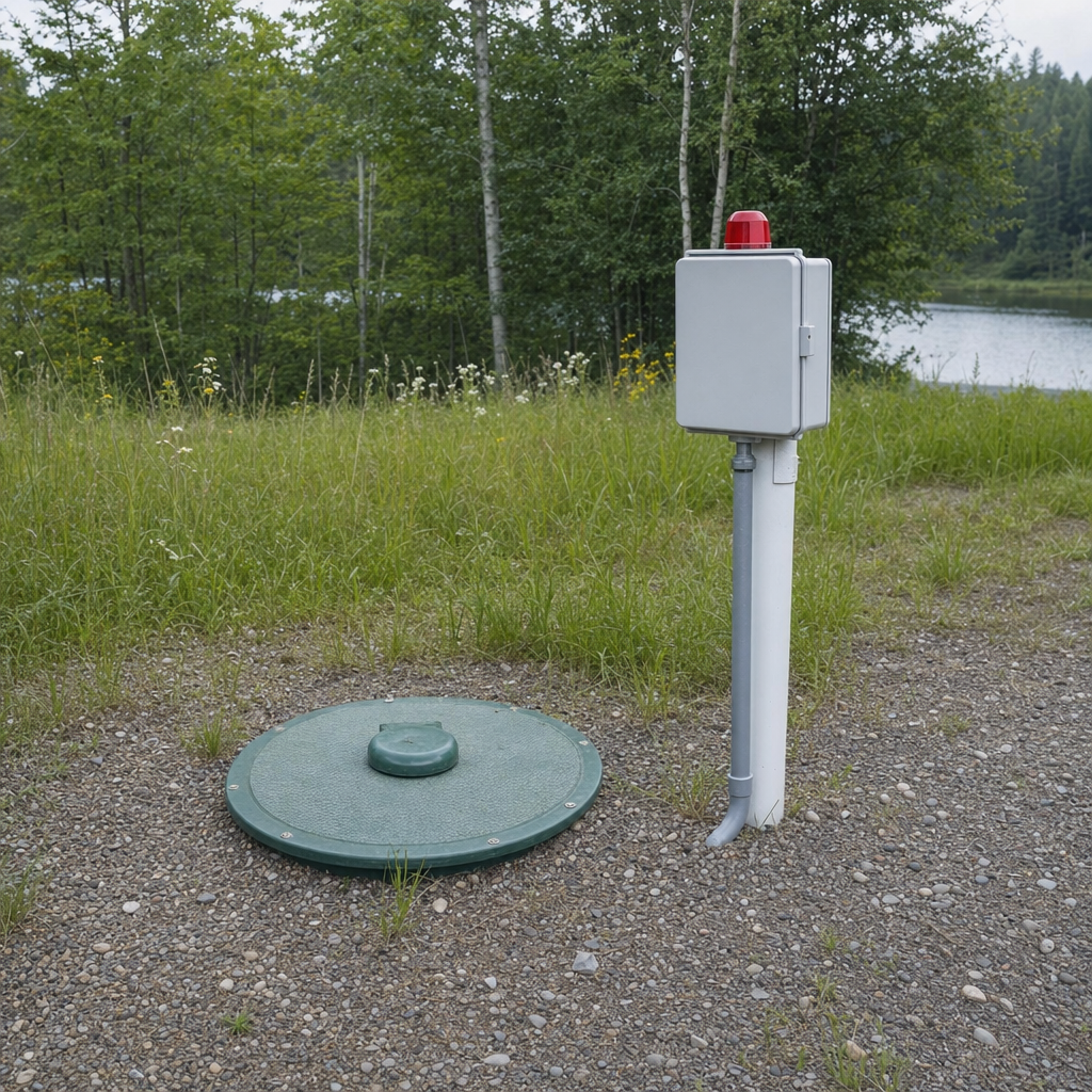 A wastewater holding tank access lid set in the ground at a rural Mesquite-area cabin, with a mounted high-level float alarm panel nearby