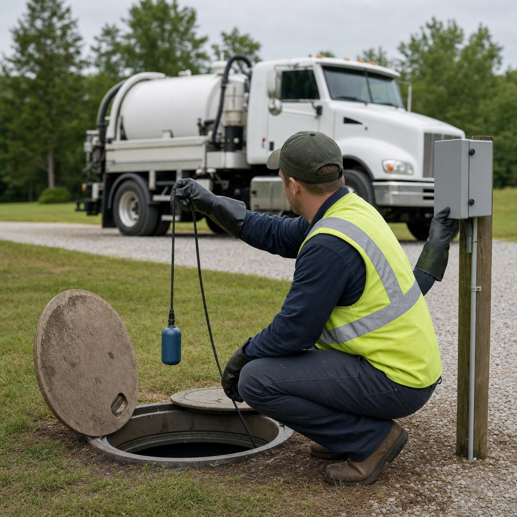 A septic technician in a high-visibility vest checking a high-level float switch and alarm panel on a holding tank at a rural Mesquite-area site