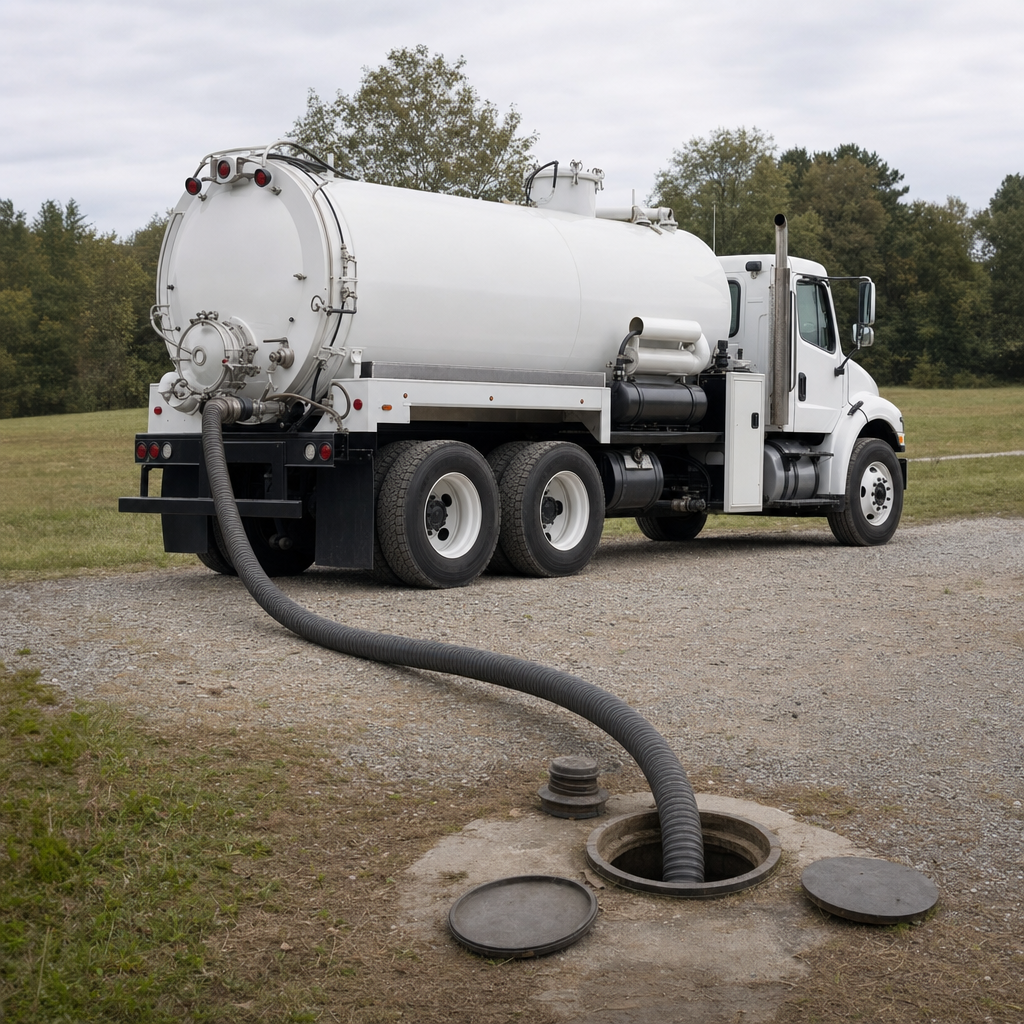 An unmarked white vacuum truck emptying a wastewater holding tank on a scheduled visit at a rural Mesquite-area property, thick suction hose running to the tank lid