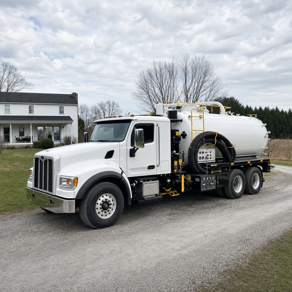 A clean white septic vacuum truck parked on a tidy Mesquite driveway with the suction hose neatly coiled