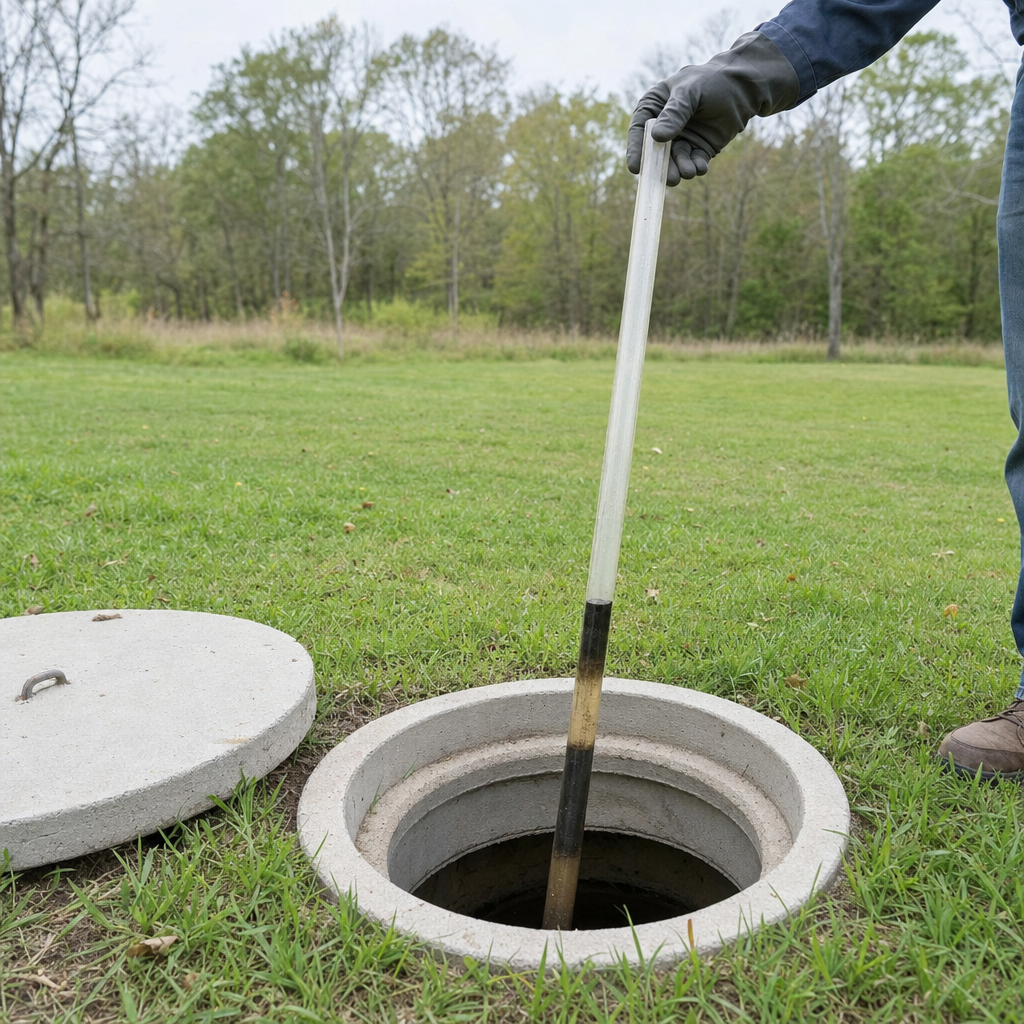 A septic sludge-judge measuring stick lowered into an open Mesquite septic tank to read the depth of the sludge and scum layers before deciding whether a pump-out is due
