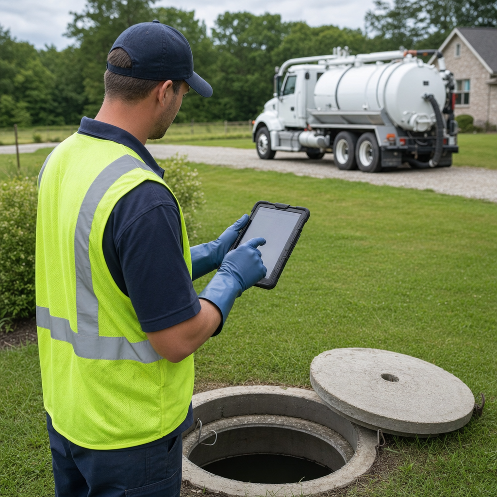 A septic technician recording a Mesquite home's pump-out date and tank condition on a tablet beside an open access lid, tracking the service history that sets the next due date
