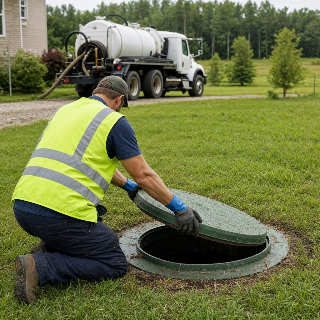 Septic technician kneeling on a Mesquite lawn, lifting the access lid on a residential septic tank