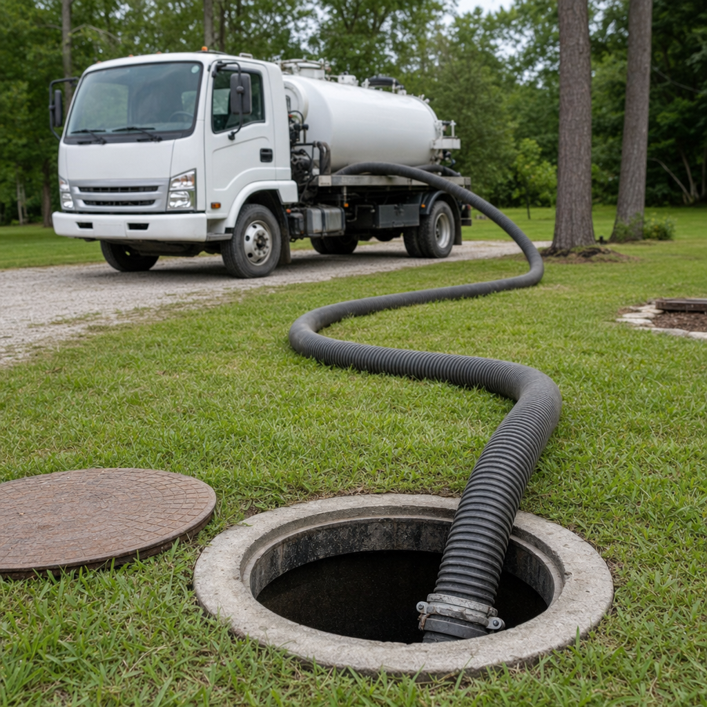 Thick ribbed suction hose lowered into a clean open septic tank port on a tidy Mesquite backyard lawn