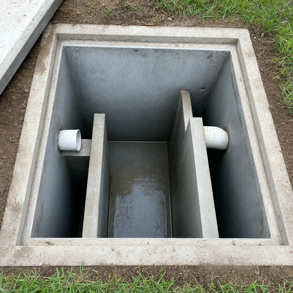 Inspection of the concrete baffles inside an open, emptied and freshly cleaned Mesquite septic tank
