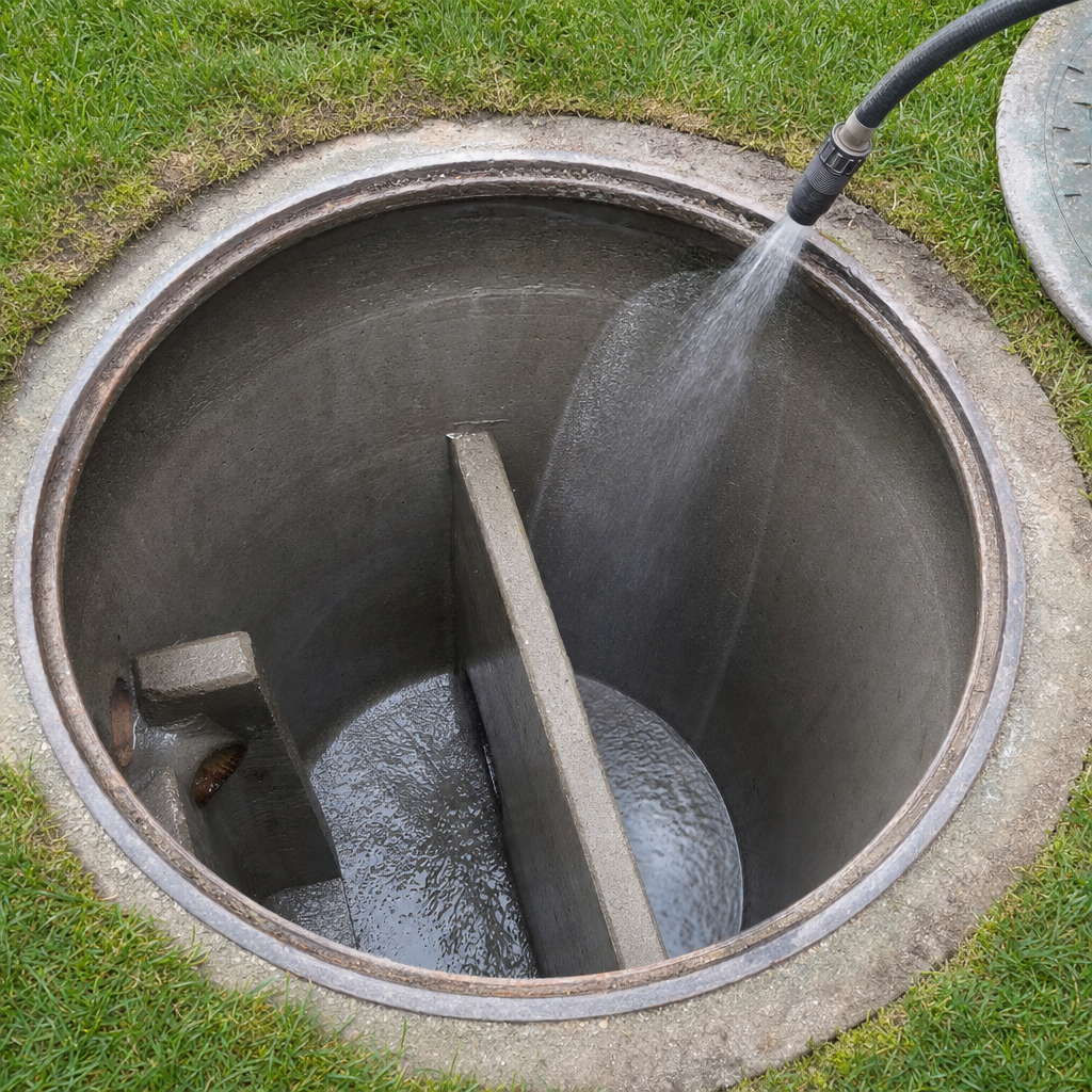 Interior concrete walls of an emptied Mesquite septic tank being rinsed clean with the truck's onboard water hose