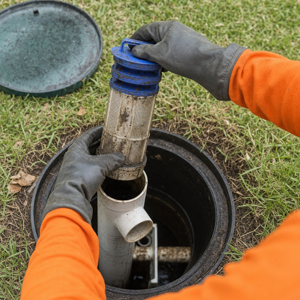 Septic technician's gloved hands lifting the effluent filter cartridge out of the outlet housing on a Mesquite septic tank