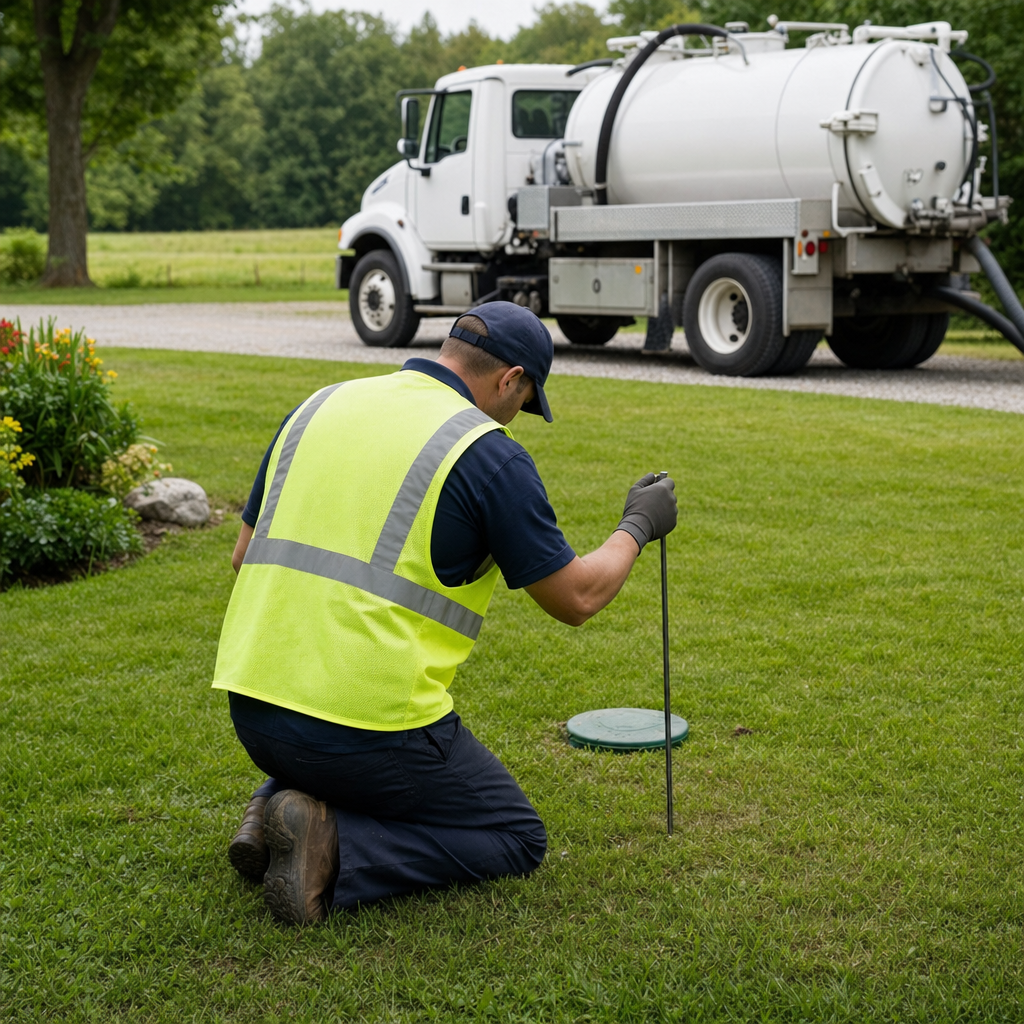 Septic technician kneeling on a Mesquite lawn, probing to locate and measure the depth of a buried septic tank lid before pumping