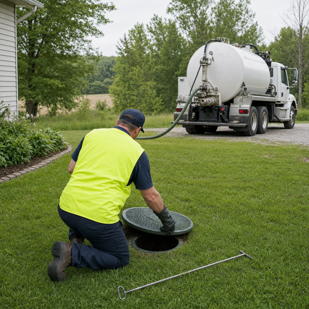 Septic technician kneeling on a Mesquite lawn, lifting the buried access lid on a residential septic tank