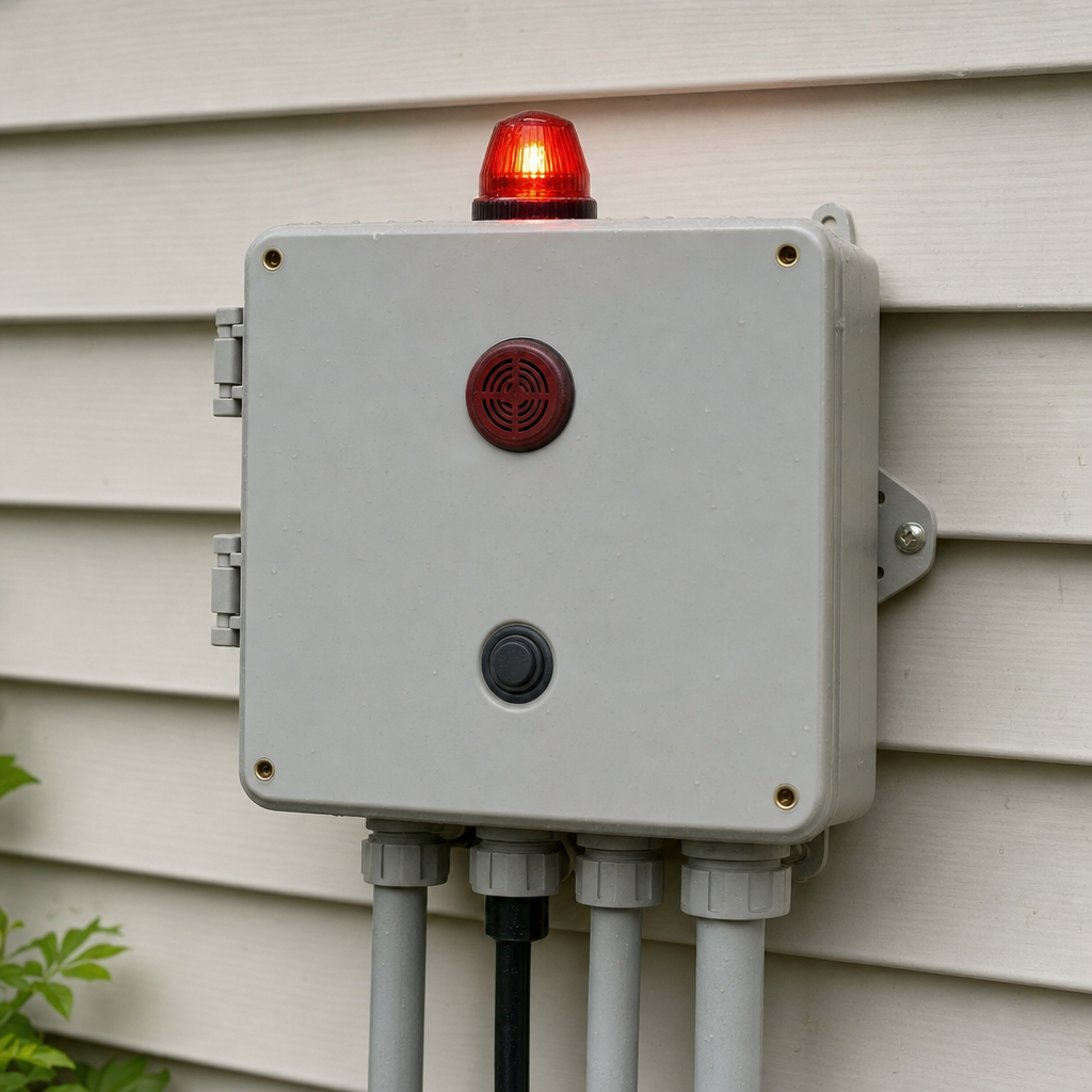 An aerobic septic system control panel mounted outside a Mesquite home with its red high-water alarm light lit