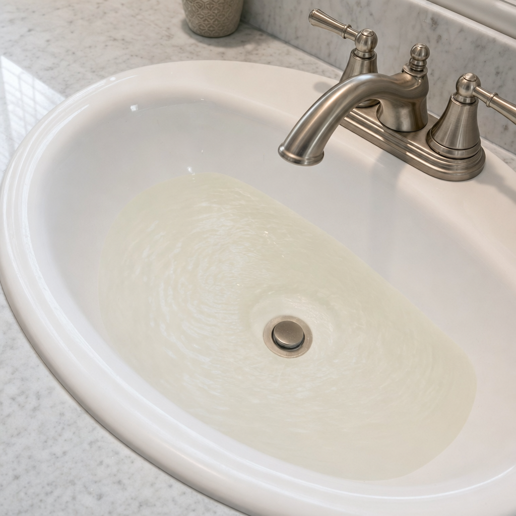 A bathroom sink draining slowly with water pooled in the basin, an early warning sign that a Mesquite septic tank is full